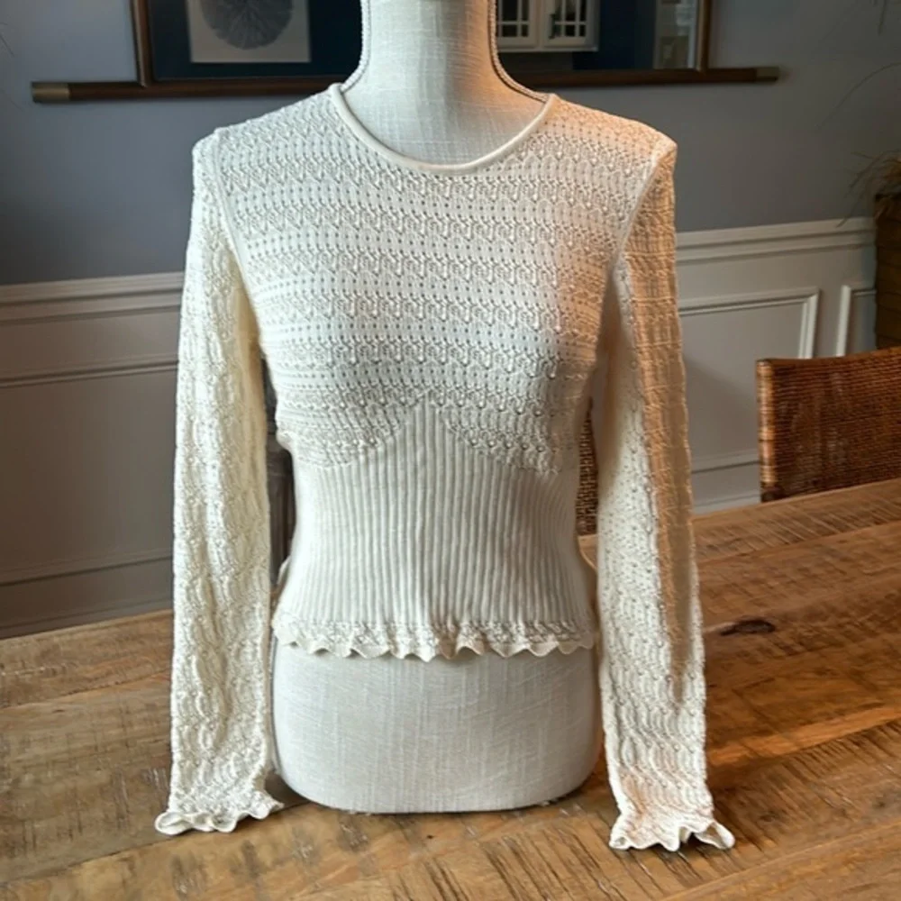 Zara Cream Textured Knit Long-Sleeve Crop Top